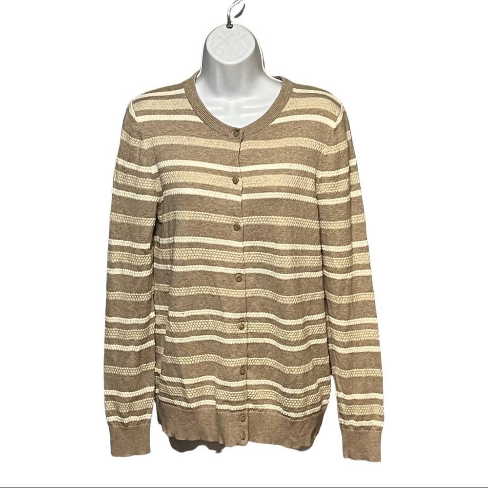 LL Bean Beige Tan Striped Textured Button Front Cardigan Sweater Large